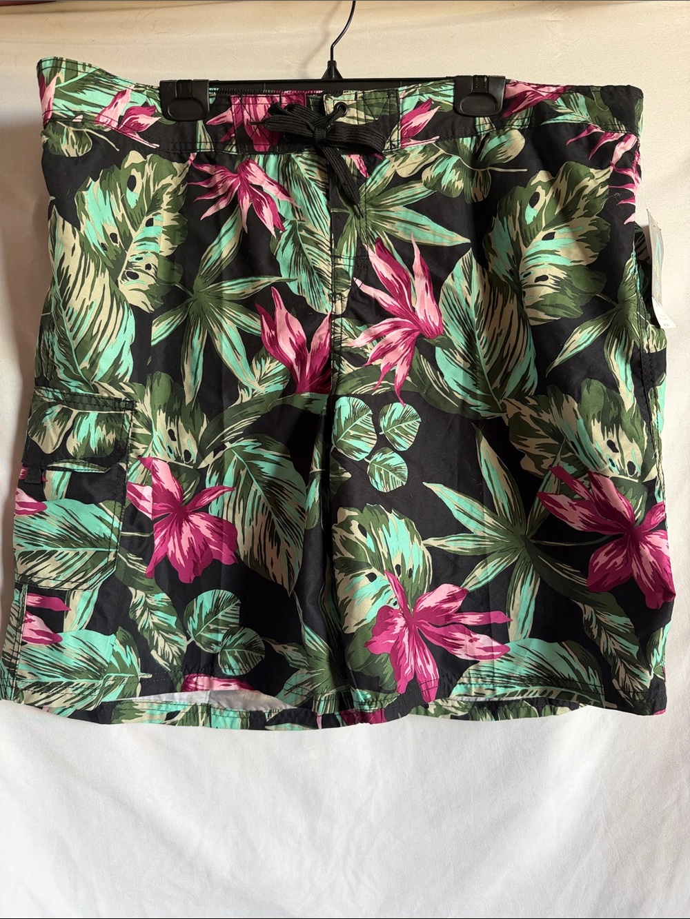 Kanu Surf Women's Black Tropical Floral Drawstring Bermuda Shorts - Pink & Green